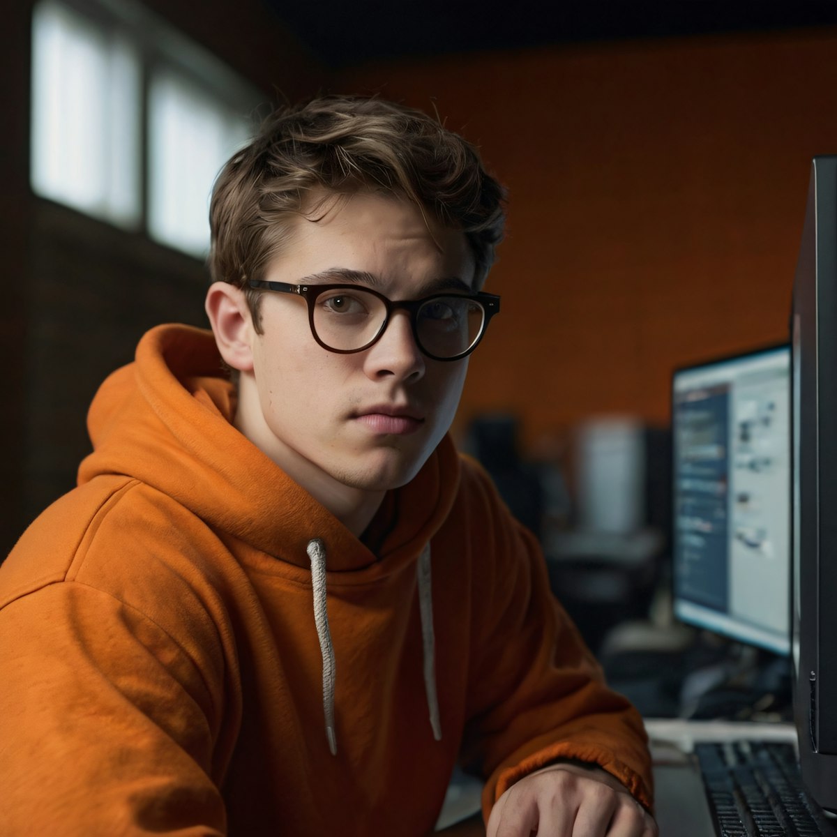 Young man in orange hoodie and glasses working at a dual-monitor setup in a dimly lit room