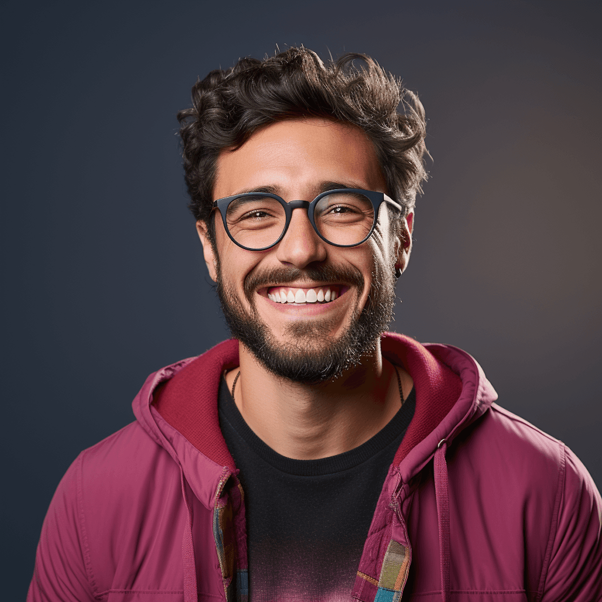 Smiling man with glasses and beard wearing a maroon hoodie, posed against a dark gradient background