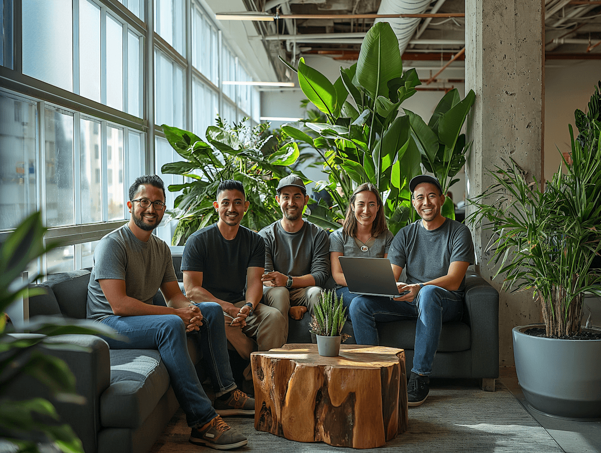 Small startup team sitting together in a modern office lounge with large plants and natural light, smiling at the camera