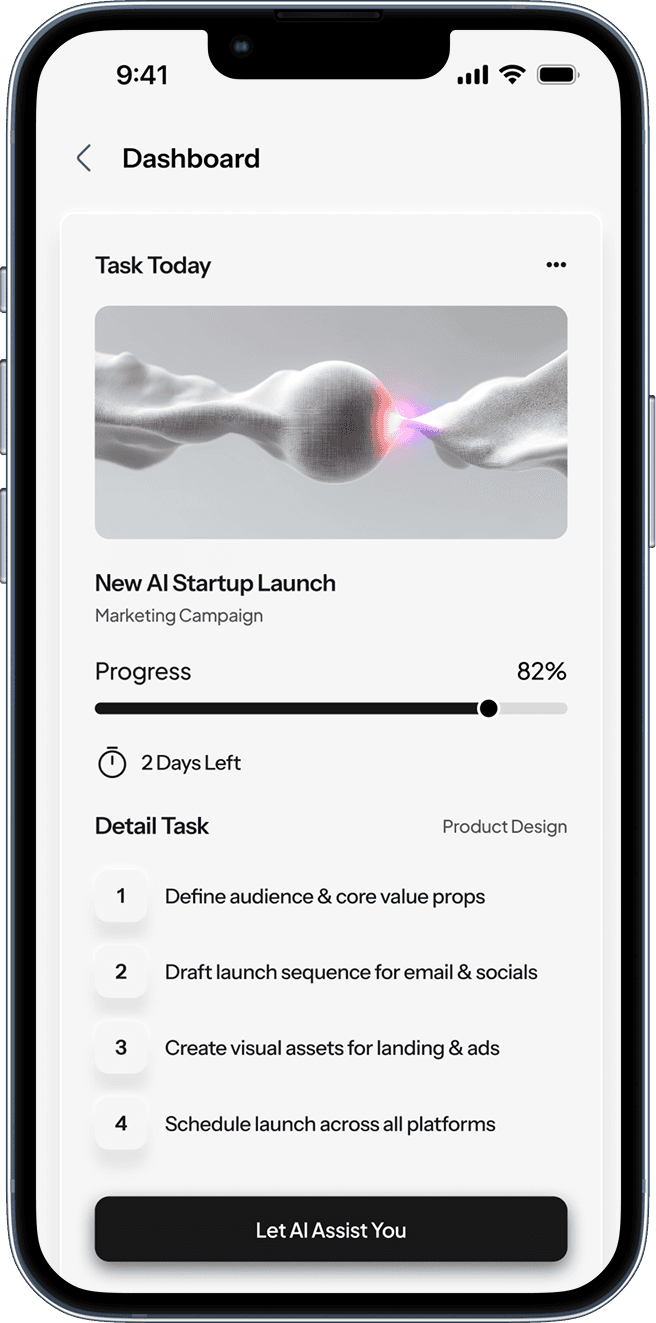 Mobile screen showing today's active task with progress bar, time left, and detailed task checklist.