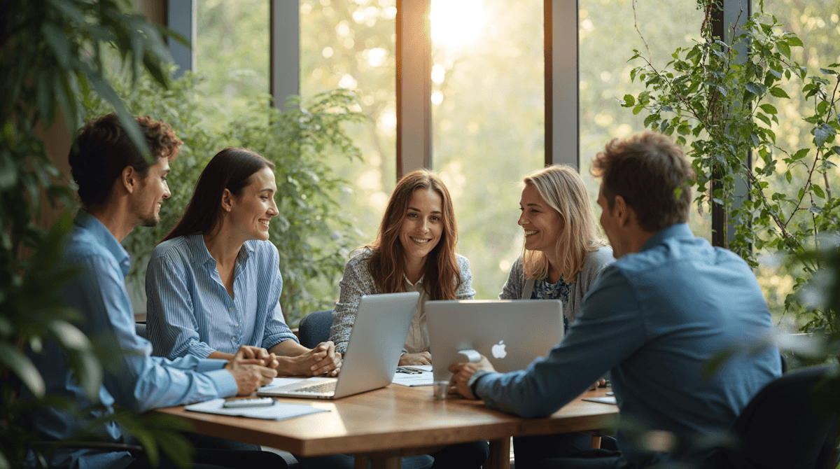Team of five professionals collaborating around a wooden table with laptops, laughing and discussing ideas in a bright office with greenery and sunlight.