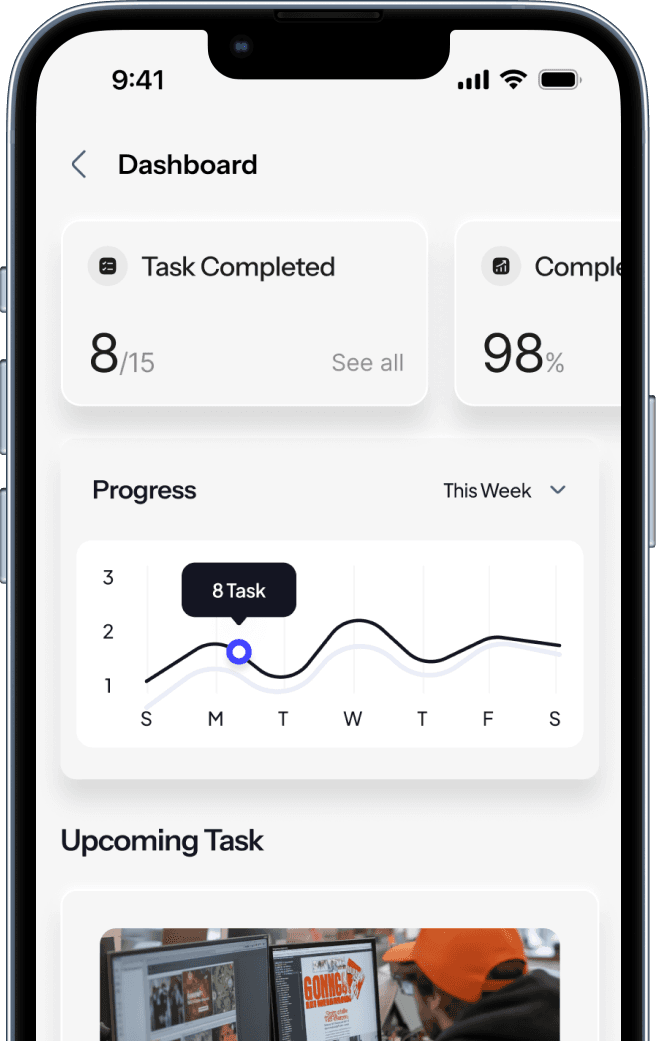 Mobile dashboard view showing completed tasks, weekly progress chart, and upcoming tasks.