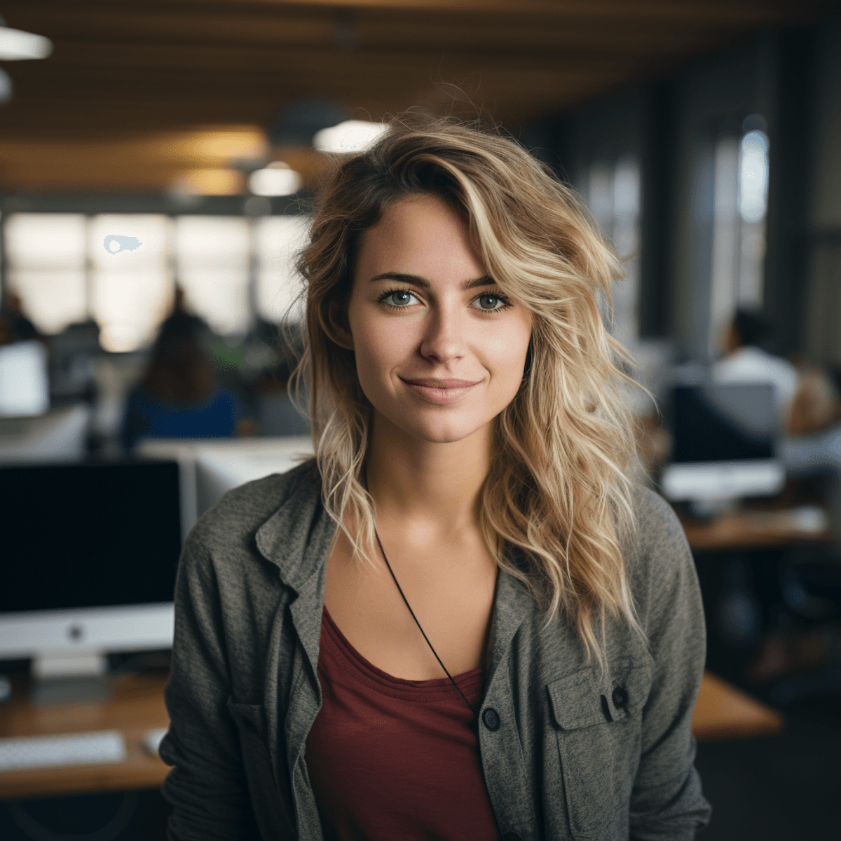 Smiling confidently in a modern office environment with blurred team members in the background